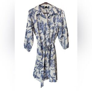 Cynthia Steffe Blue White Floral Shirt Dress NWT Size Large Belted Collared Mini